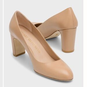 Stuart Weitzman 75 "Vida" calf leather block heel pumps in tan